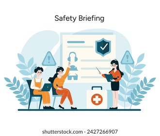 Ilustración de seguridad de OSHA. Los trabajadores participan en la formación de sensibilización sobre los peligros, reforzando los protocolos de seguridad en el lugar de trabajo con un enfoque práctico. Ilustración vectorial plana