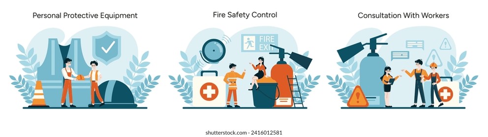 OSHA safety set. Distributing personal protective gear, ensuring fire safety, and facilitating worker consultations. Reinforcing safety culture and hazard awareness. Flat vector illustration