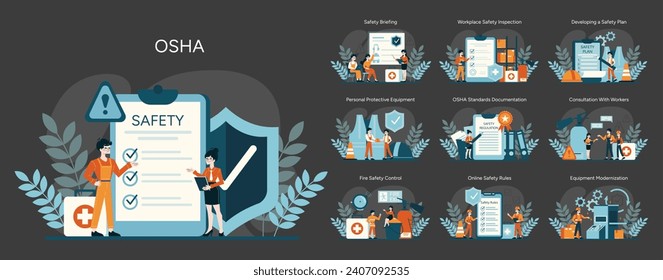 conjunto OSHA. Procedimientos de seguridad en el lugar de trabajo y preparación para emergencias. Capacitación de los empleados, controles de equipo y control de riesgos de incendio. Elaboración de planes de seguridad y consulta a los trabajadores. Ilustración vectorial plana