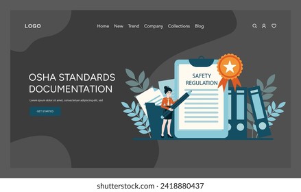 OSHA Standards Documentation vector. A professional ensuring rigorous safety regulation adherence, signified by certification. Essential for workplace compliance. Flat vector illustration