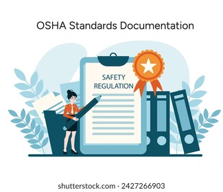 OSHA Standards Documentation vector. A professional ensuring rigorous safety regulation adherence, signified by certification. Essential for workplace compliance. Flat vector illustration