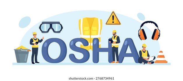 OSHA typographic header. Occupational safety regulations, health inspection. Government service protecting safety at job. Worker security protection policy. Employee life insurance, injury prevention