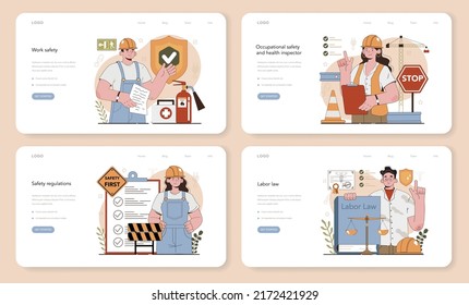 OSHA web banner or landing page set. Occupational safety and health inspection. Government public service protecting worker from health and safety hazards at the job place. Flat vector illustration svg