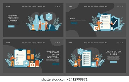 Juego de banners web OSHA. Ilustración del uso de equipos de protección personal, finalización de listas de seguridad y cumplimiento de protocolos de seguridad en línea. Promover el rigor de la inspección en el lugar de trabajo. Vector plano