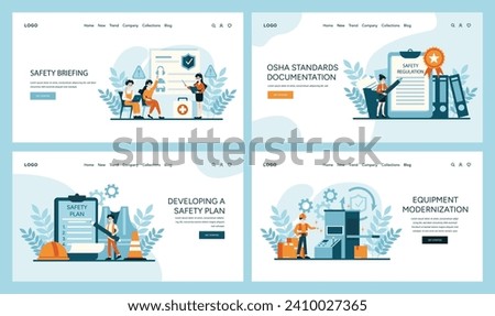 OSHA website set. Featuring safety briefings, standards documentation, and safety plan development. Highlighting equipment modernization for compliance. Flat vector illustration