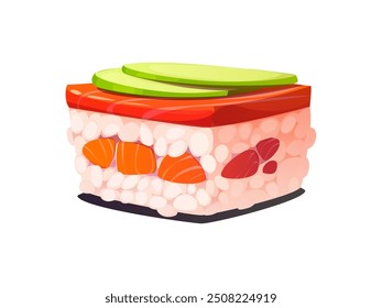 Rollo de sushi japonés de dibujos animados de Oshizushi. El sushi tradicional japonés prensado de Vector aislado presenta capas de arroz, rebanadas vibrantes de pescado y cubierto con aguacate. Comida de restaurante asiática, cocina oriental