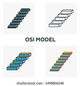 Osi Model icon set. Four elements in diferent styles from industry 4.0 icons collection. Creative osi model icons filled, outline, colored and flat symbols.