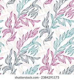 Osier bush branch summer leaves floral vector seamless pattern. Creative batik colorful repeat print. Organic tradescantia foliage summer motif. Abstract stylized tree leaves endless pattern.