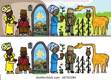 Osi-Ilorin-inspired contemporary rural lifestyle scene as a bas-relief cartoon or stand-alone objects.