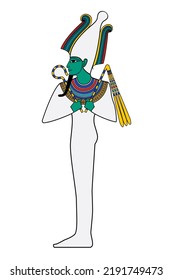 Osiris, ancient Egypt god of afterlife, dead and resurrection, with turquoise skin, pharaoh beard, atef crown, mummy-wrapped, holding crook and flail. Cut up by his brother Seth