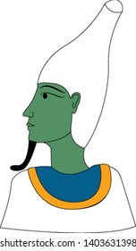 Un Osiris, el dios de la vida eterna, el inframundo, y el renacimiento en la antigua religión egipcia, girando a su izquierda sobre un fondo blanco, vector, dibujo a color o ilustración.