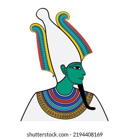 Osiris, portrait of the god of afterlife, dead and resurrection in ancient Egypt. Depicted with greenish turquoise skin, pharaoh beard and atef crown, a combination of the Hedjet and ostrich feathers.