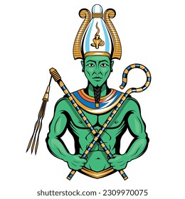 Osiris. Ilustración vectorial de un antiguo dios egipcio señor de los muertos y renacido con piel verde sostiene símbolos de poder en sus manos