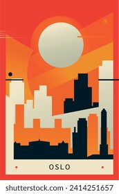 Oslo city brutalism poster with abstract skyline, cityscape retro vector illustration. Norway capital travel front cover, brochure, flyer, leaflet, business presentation template image