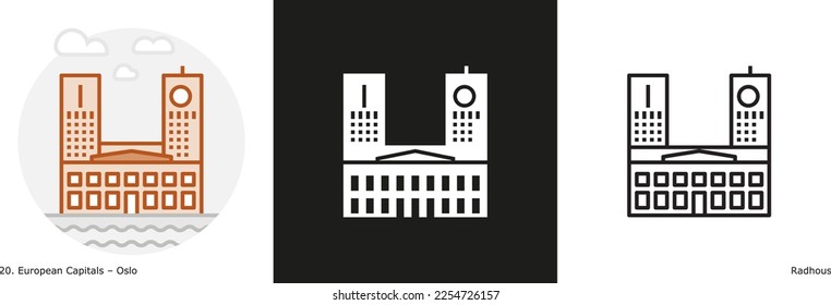 Oslo City Hall filled outline and glyph icon. Landmark building of Oslo, the capital city of Norway.
