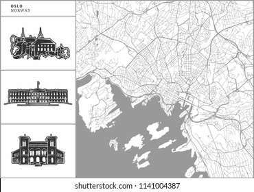 Oslo city map with hand-drawn architecture icons. All drawigns, map and background separated for easy color change. Easy repositioning in vector version.