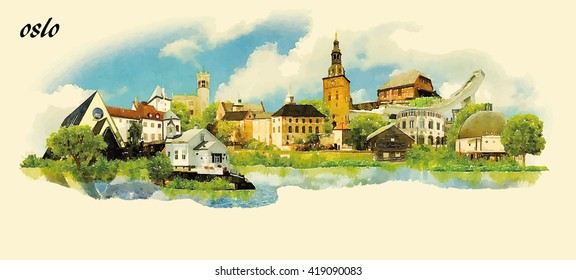 OSLO city water color panoramic vector illustration