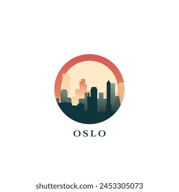 Oslo cityscape, gradient vector badge, flat skyline logo, icon. Norway capital city round emblem idea with landmarks and building silhouettes. Isolated graphic