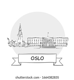 Oslo Cityscape Vector Sign. Line Art Illustration with Ribbon and Title.
