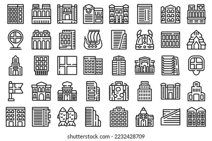 Oslo icons set outline vector. National cityscape. Norway coast
