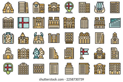 Oslo icons set outline vector. National cityscape. Norway coast color line on white isolated
