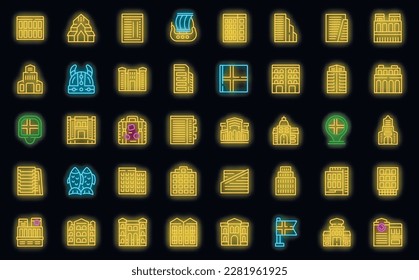 Oslo icons set outline vector. National cityscape. Norway coast neon color on black