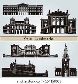 Oslo landmarks and monuments isolated on blue background in editable vector file