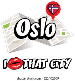 Oslo. I Love That City. Vector Illustration with country flag.