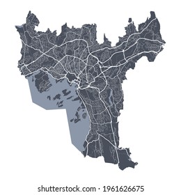 Oslo map. Detailed vector map of Oslo city administrative area. Cityscape poster metropolitan aria view. Dark land with white streets, roads and avenues. White background.