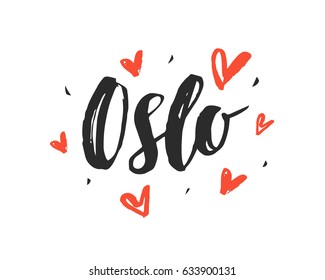 Oslo modern city hand written brush lettering, isolated on white background. Ink calligraphy. Capital of Norway. Tee shirt print, typography card, poster design. Vector illustration.