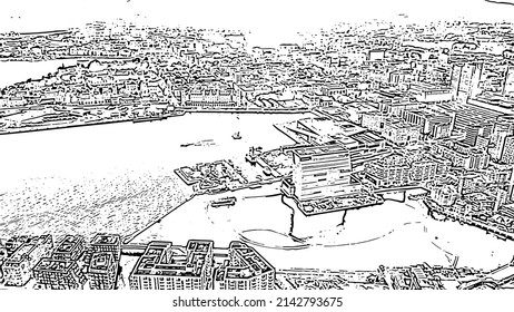 Oslo, Norway. The central part of the city. Doodle sketch style. Aerial view