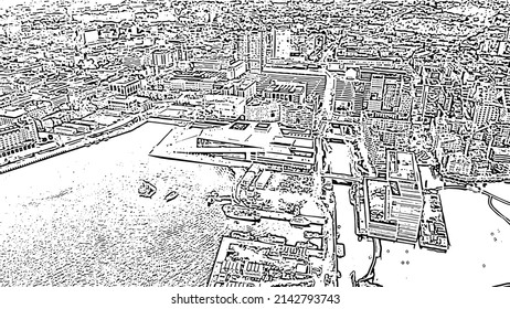 Oslo, Norway. The central part of the city. Doodle sketch style. Aerial view