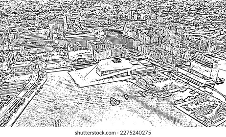 Oslo, Norway. The central part of the city. Doodle sketch style. Aerial view