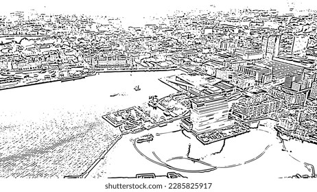 Oslo, Norway. The central part of the city. Doodle sketch style. Aerial view