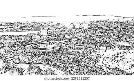 Oslo, Norway. The central part of the city. Doodle sketch style. Aerial view