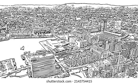 Oslo, Norway. City center from the air. Embankment Oslo Fjord. Doodle sketch style. Aerial view