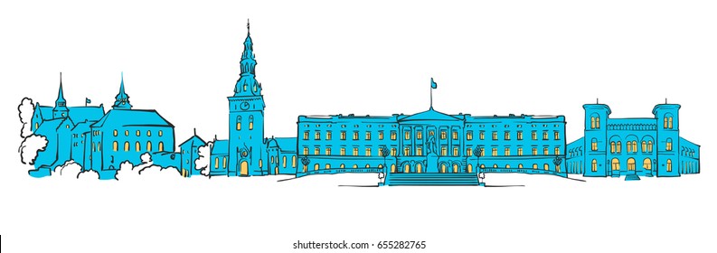 Oslo, Norway, Colored Panorama, Filled with Blue Shape and Yellow Highlights. Scalable Urban Cityscape Vector Illustration 