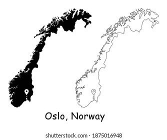 Oslo, Norway. Detailed Country Map with Location Pin on Capital City. Black silhouette and outline maps isolated on white background. EPS Vector