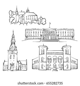 Oslo, Norway, Famous Buildings, Monochrome Outlined Travel Landmarks, Scalable Vector Illustration