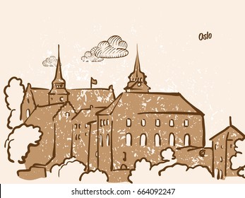 Oslo, Norway, Greeting Card, hand drawn image, famous european capital, vintage style, vector Illustration