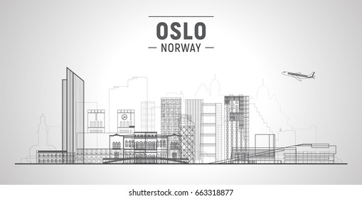 Oslo Norway line city skyline with panorama in white background. Vector Illustration. Business travel and tourism concept with modern buildings. Image for presentation, banner, placard and web site