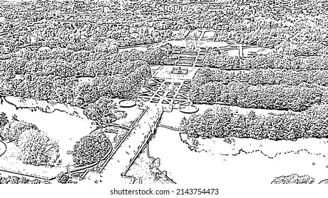 Oslo, Norway. Public park in the city of Oslo. Doodle sketch style. Aerial view
