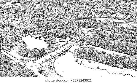 Oslo, Norway. Public park in the city of Oslo. Doodle sketch style. Aerial view