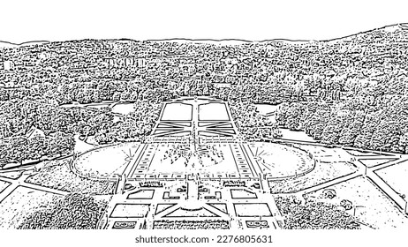 Oslo, Norway. Public park in the city of Oslo. Doodle sketch style. Aerial view