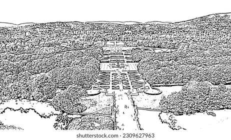 Oslo, Norway. Public park in the city of Oslo. Doodle sketch style. Aerial view