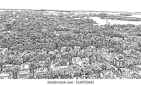 Oslo, Norway. Royal Palace. Slottsplassen. Palace park. Doodle sketch style. Aerial view