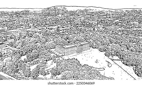 Oslo, Norway. Royal Palace. Slottsplassen. Palace park. Doodle sketch style. Aerial view