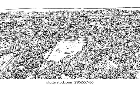 Oslo, Noruega. Palacio Real. Slottsplassen. Parque del Palacio. Estilo de dibujo de Doodle. Vista aérea