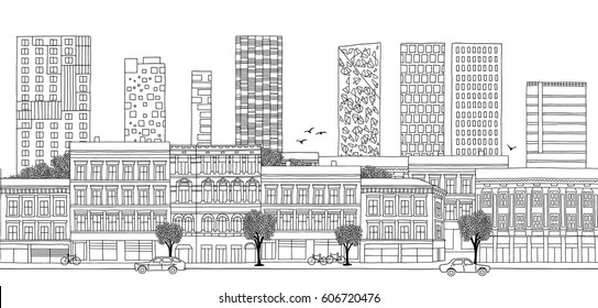 Oslo, Norway - Seamless banner of the city’s skyline, hand drawn black and white illustration