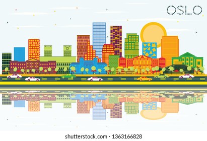 Oslo Norway Skyline with Color Buildings, Blue Sky and Reflections. Vector Illustration. Business Travel and Tourism Illustration with Modern Architecture. Oslo Cityscape with Landmarks.